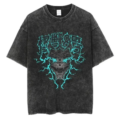 Black distressed cotton kaiju no 8 t-shirt featuring glowing teal lightning skull graphic and stylized chinese characters