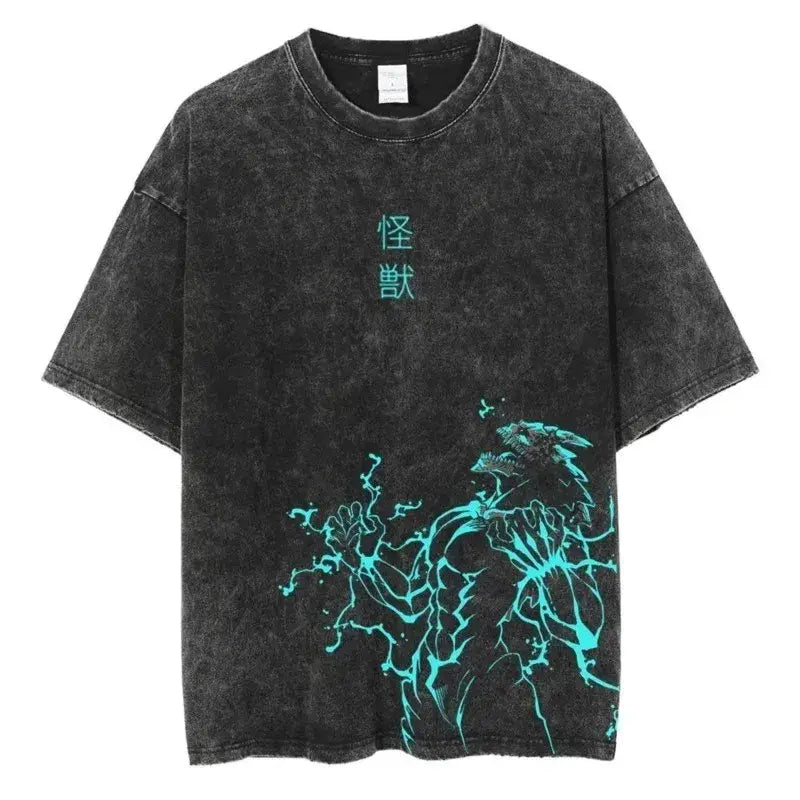Black distressed cotton kaiju no 8 t-shirt with teal monstrous creature and vertical chinese characters graphic