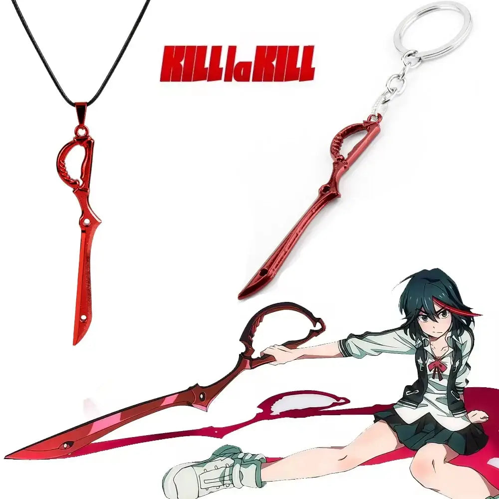 Mini metal red scissor blade pendant and keychain from kill la kill featuring matoi ryuko design in metallic red