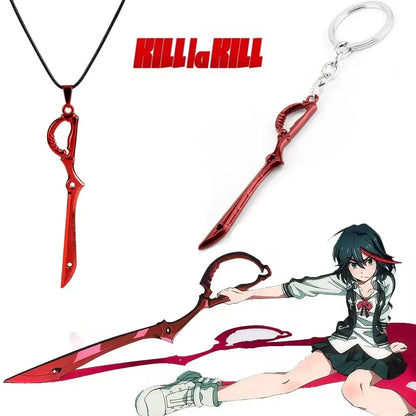 Mini metal red scissor blade pendant and keychain from kill la kill featuring matoi ryuko design in metallic red