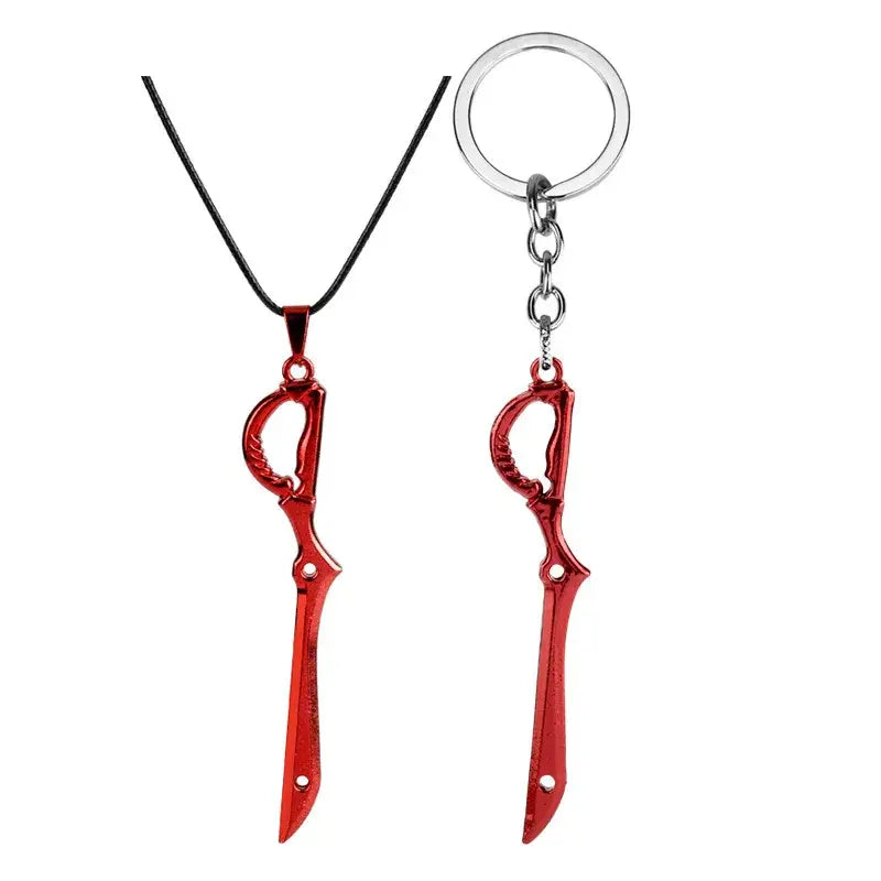 Red metallic mini metal keychain and necklace featuring a stylized scissor blade sword design from kill la kill
