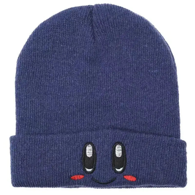 Navy blue knit kirby plush hat featuring embroidered eyes and rosy cheeks of the character kirby plush hat
