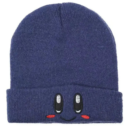 Navy blue knit kirby plush hat featuring embroidered eyes and rosy cheeks of the character kirby plush hat