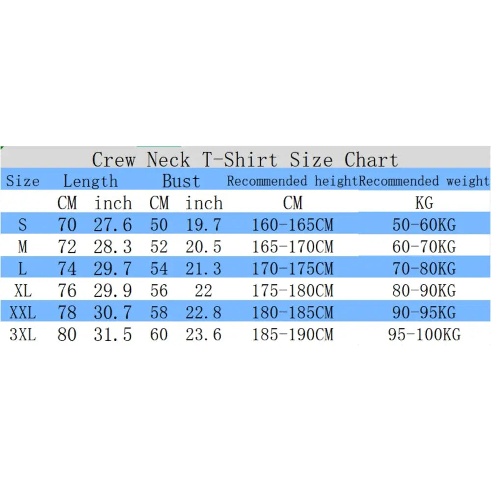 Crew neck koi harajuku men’s t-shirt size chart showing measurements in cm and inches for pure cotton fabric sizes s to 3xl
