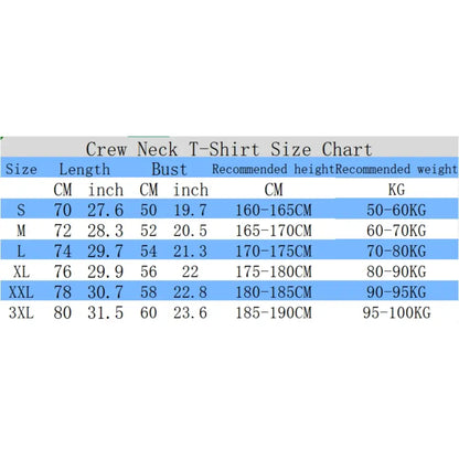 Crew neck koi harajuku men’s t-shirt size chart showing measurements in cm and inches for pure cotton fabric sizes s to 3xl