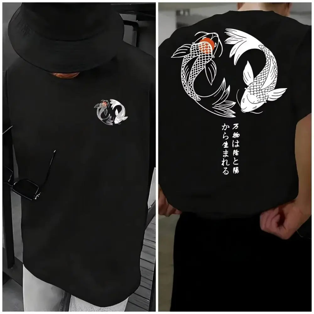 Black koi harajuku men’s t-shirt featuring white yin-yang koi fish design in 100% pure cotton fabric