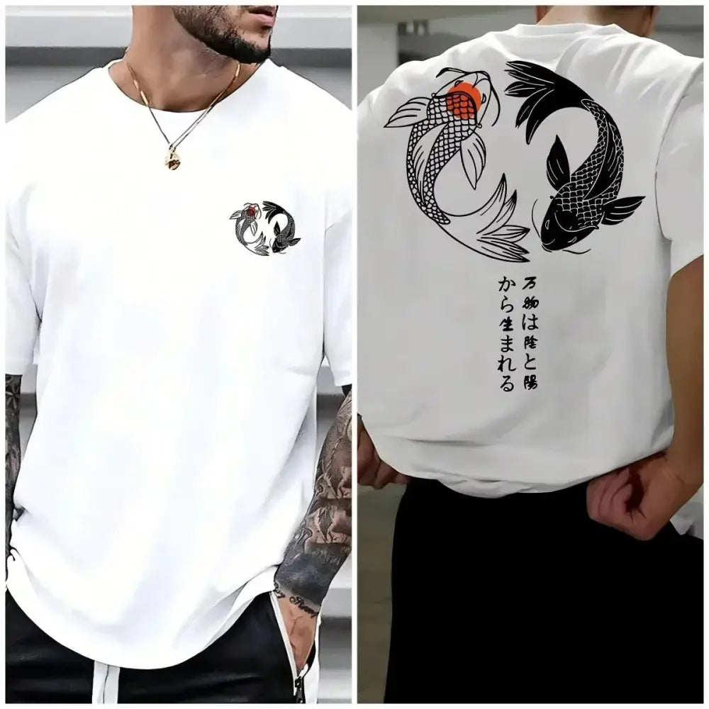White koi harajuku men’s t-shirt in pure cotton featuring black koi fish with red eye and japanese calligraphy on front and back
