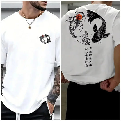 White koi harajuku men’s t-shirt in pure cotton featuring black koi fish with red eye and japanese calligraphy on front and back
