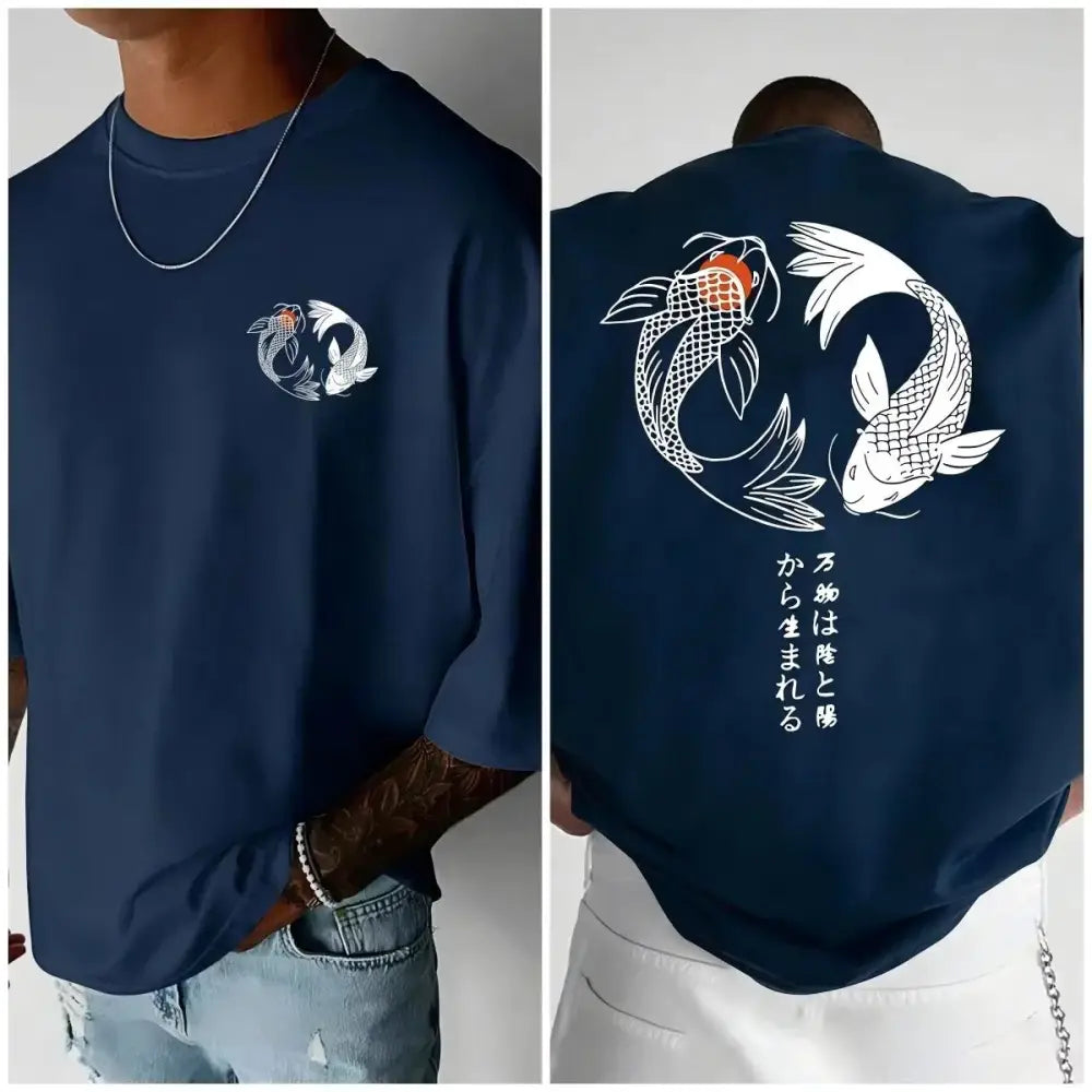 Navy blue koi harajuku men’s t-shirt in pure cotton with white koi fish design and vertical japanese text on back