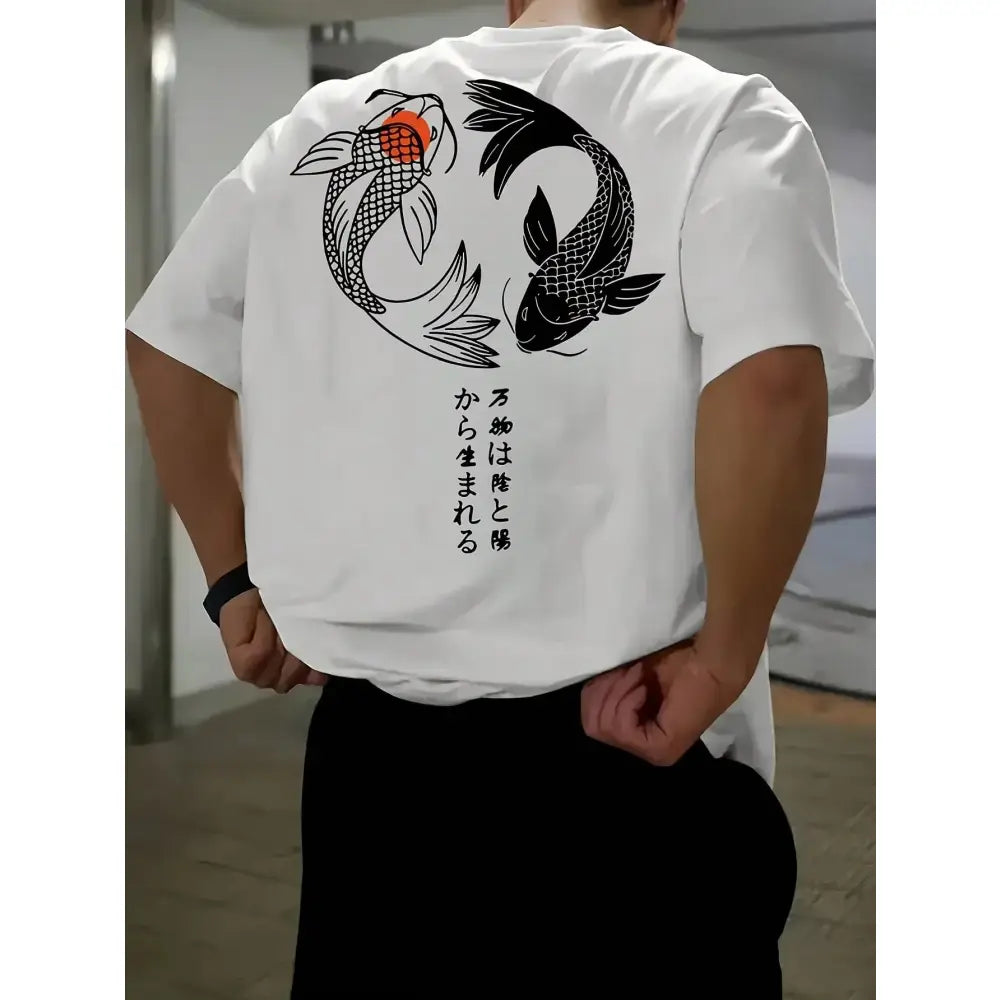 White short-sleeved koi harajuku men’s t-shirt with black and orange koi fish design and japanese characters in pure cotton