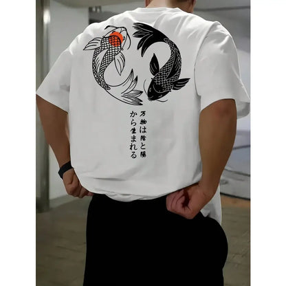 White short-sleeved koi harajuku men’s t-shirt with black and orange koi fish design and japanese characters in pure cotton