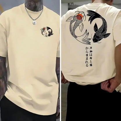 Cream-colored pure cotton men’s t-shirt with short sleeves and black and white koi fish design and japanese text on back