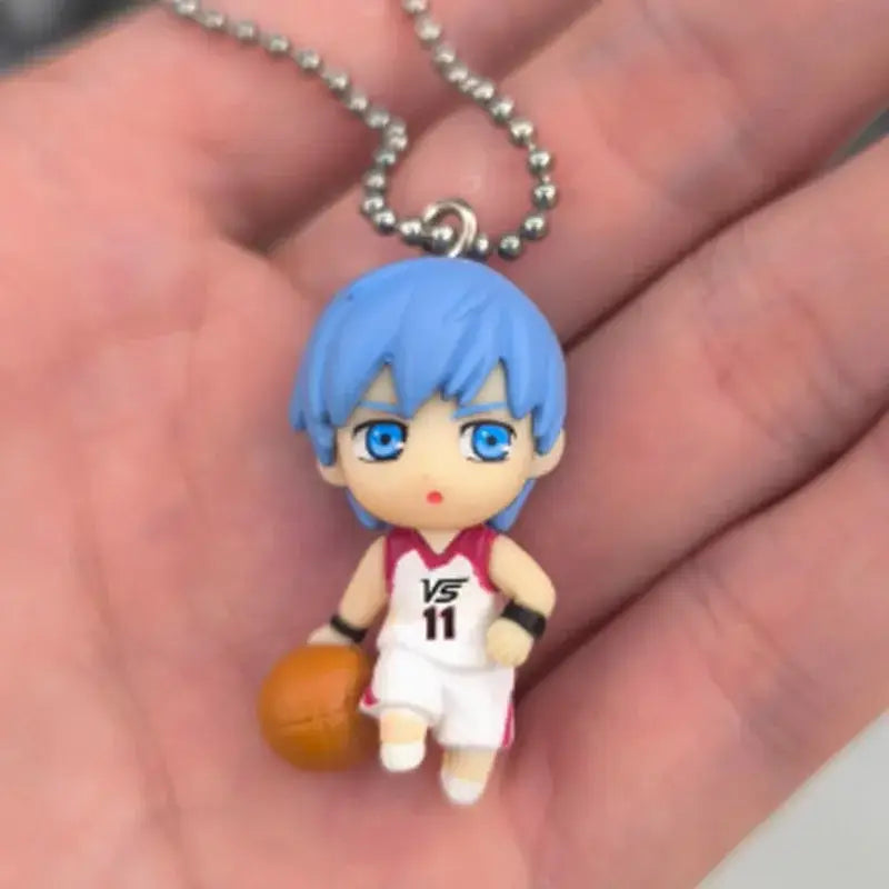 Blue-haired kise ryota pvc figure charm from kuroko’s basketball in white jersey number 11 holding orange ball on silver chain
