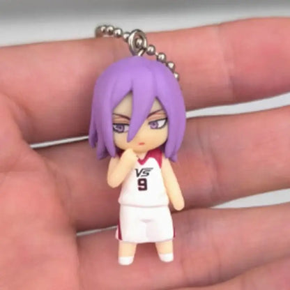 Purple-haired anime basketball player keychain featuring kise ryota in white and red uniform number 9 from kuroko’s basketball