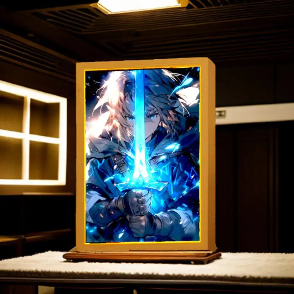 Glowing blue zelda led sword illustration in a golden painting frame used as a night light and light painting display