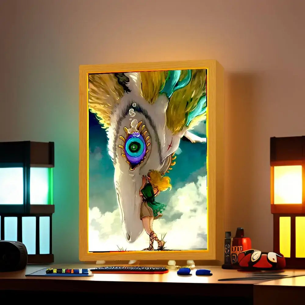 Framed legend of zelda princess zelda led light painting featuring a white dragon with yellow and teal mane in a painting frame