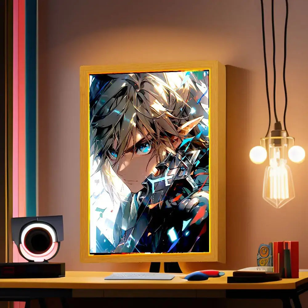 A framed anime portrait with silver hair and blue eyes in a yellow zelda led light painting frame night light