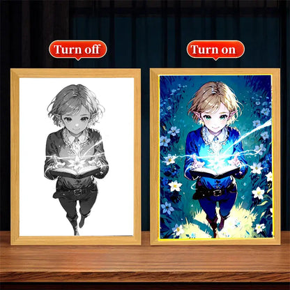 Legend of zelda princess zelda led painting frame with illuminated anime elf holding glowing book in flower field light painting