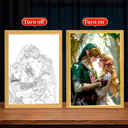 A framed zelda led painting frame with illuminated artwork of link and zelda in a vibrant romantic embrace night light