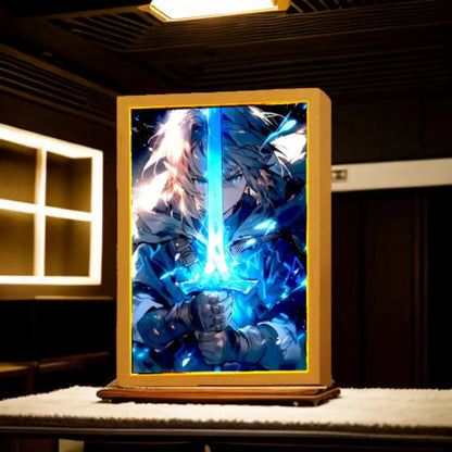 Legend of zelda princess zelda led photo frame featuring a glowing blue anime sword light painting in a gold case