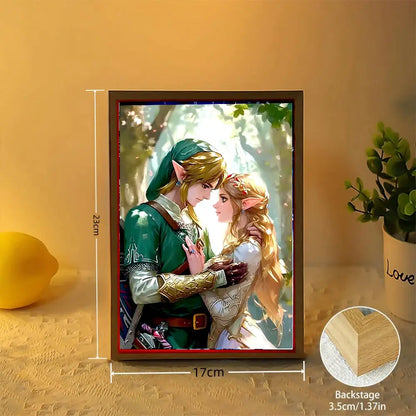 Legend of zelda princess zelda led photo frame with wooden light painting featuring link and zelda in forest scene