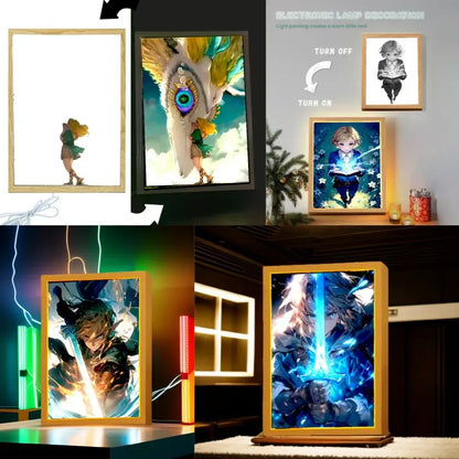 Wood-framed legend of zelda princess zelda led photo frame with illuminated anime artwork and glowing light painting effects