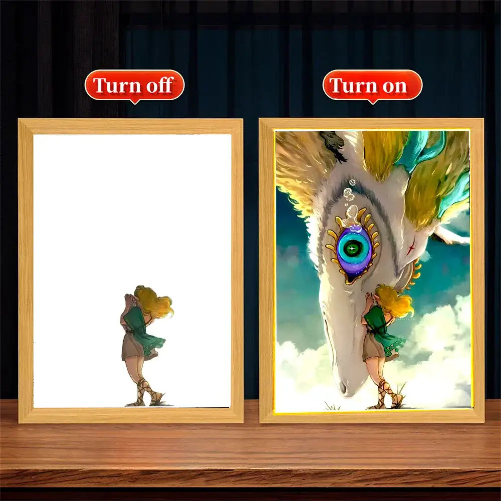 The legend of zelda princess zelda led photo frame features a light painting of a girl in green with a white and gold dragon