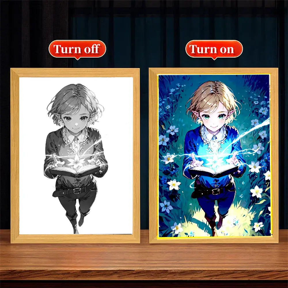 Legend of zelda princess zelda led photo frame with vibrant anime-style diamond light painting of elf reading magic book