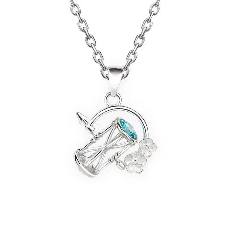 Silver link click necklace pendant with hourglass design, turquoise gemstone, and small floral accents for cosplay