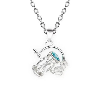 Silver link click necklace pendant with hourglass design, turquoise gemstone, and small floral accents for cosplay