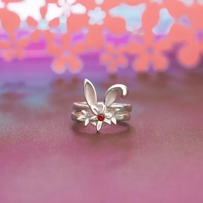 Silver rabbit-themed necklace pendant with red gemstone and delicate floral detailing cosplay cartoon accessory