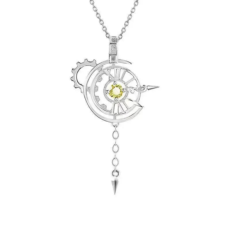 Silver steampunk-style necklace pendant with circular gear roman numerals and yellow gemstone for cosplay accessory