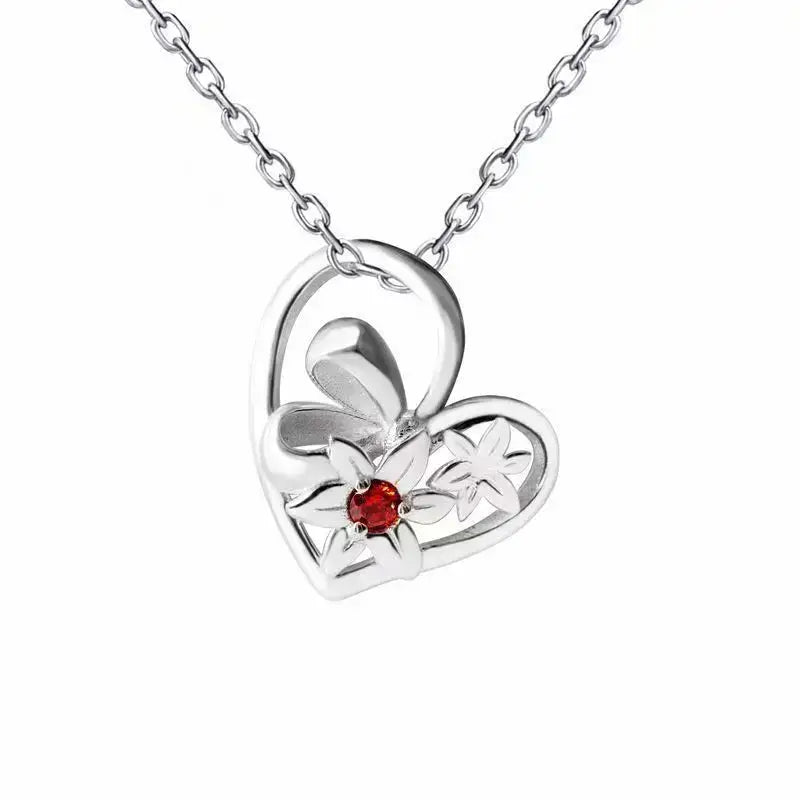 Silver heart-shaped necklace pendant with delicate butterfly design and central red gemstone for cosplay accessory