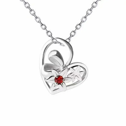 Silver heart-shaped necklace pendant with delicate butterfly design and central red gemstone for cosplay accessory
