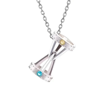 Silver hourglass-shaped necklace pendant with yellow and blue gemstone accent for cosplay cartoon accessory