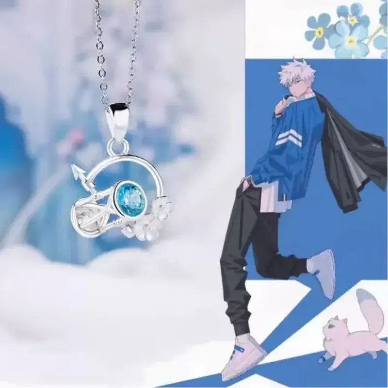 Silver necklace pendant featuring a stylized bicycle design with a central blue gemstone and white accents for cosplay
