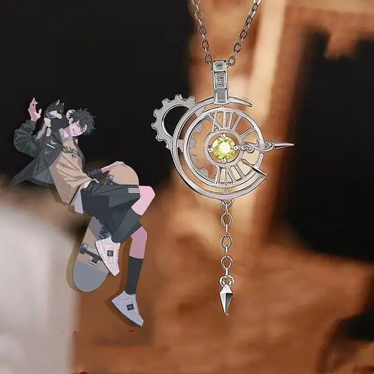 Silver mechanical necklace pendant with central yellow gemstone and gear design for cosplay cartoon accessory