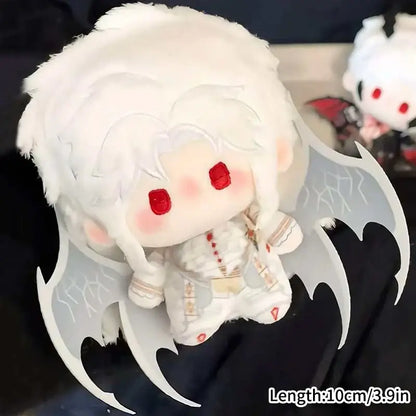 A cute cartoon plush doll with fluffy white hair red eyes and translucent wings bag charm for keys or bags