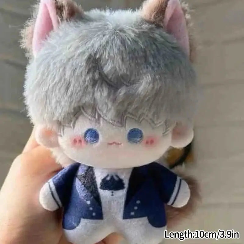 A cute cartoon plush doll with gray fur and navy blue jacket as a bag charm keychain for love and deepspace