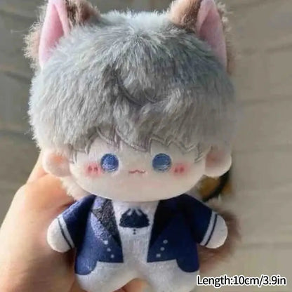 A cute cartoon plush doll with gray fur and navy blue jacket as a bag charm keychain for love and deepspace