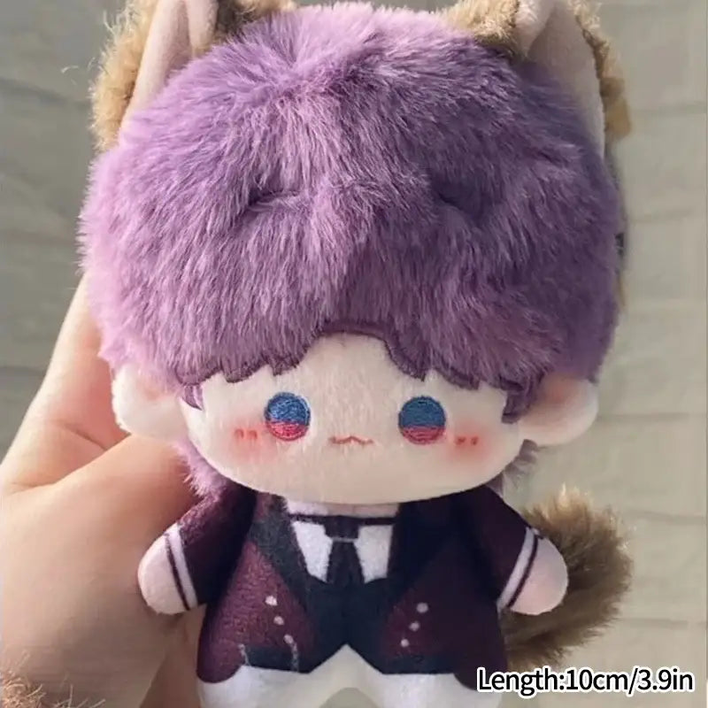 A cute cartoon plush doll bag charm with fluffy purple hair and embroidered blue eyes in maroon vest and black tie