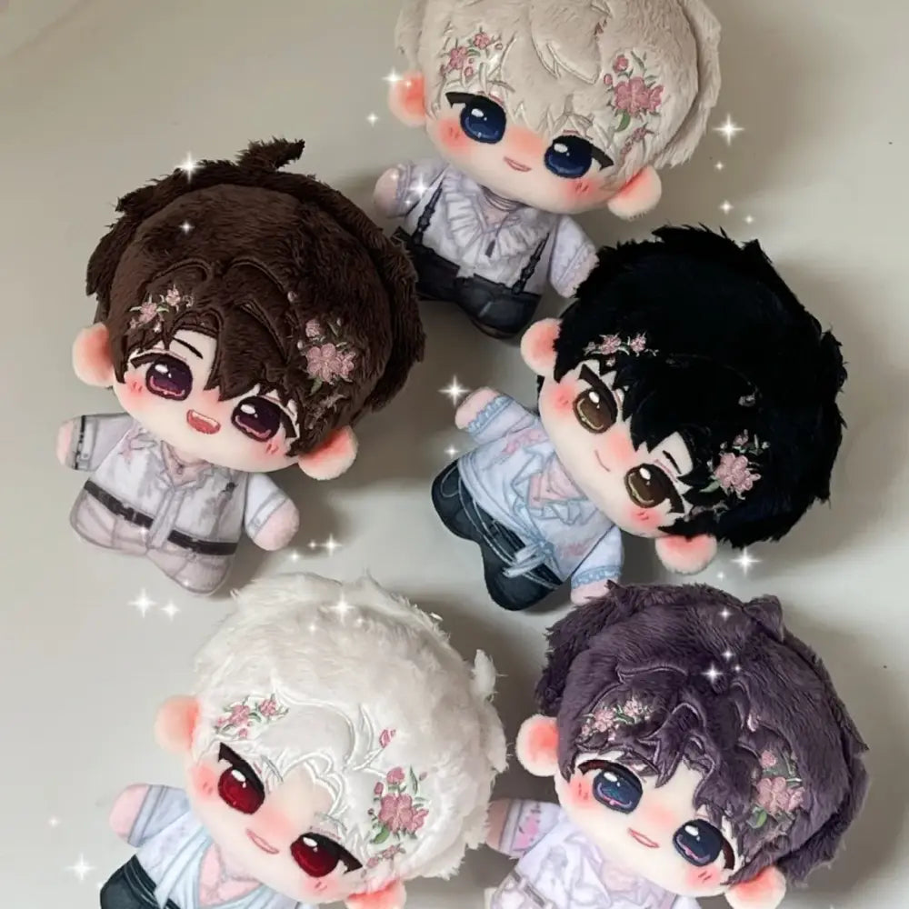 Five cute cartoon plush bag charms with colored fur and embroidered floral hair decorations for love and deepspace keychain