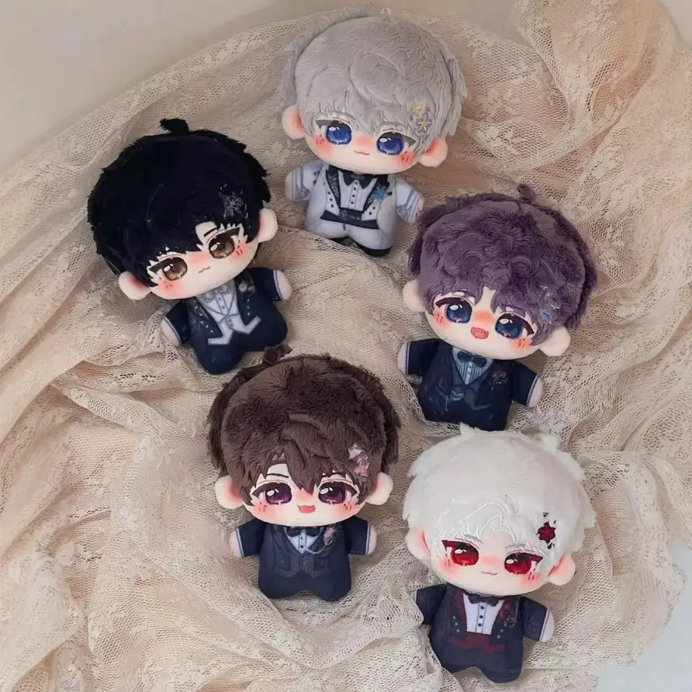 Five plush dolls with black gray purple brown and white hair in dark suits and bow ties cute cartoon bag charm keychain