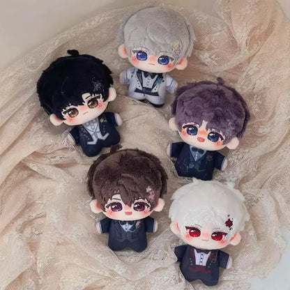 Five plush dolls with black gray purple brown and white hair in dark suits and bow ties cute cartoon bag charm keychain