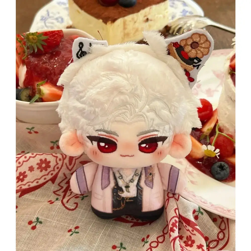 White plush love and deepspace keychain with curly hair red eyes and embroidered cat ears cute cartoon bag charm