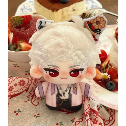 White plush love and deepspace keychain with curly hair red eyes and embroidered cat ears cute cartoon bag charm