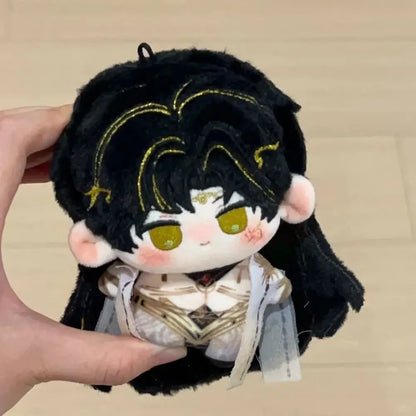 Love and deepspace keychain plush doll with black curly hair gold embroidery green eyes cute cartoon bag charm