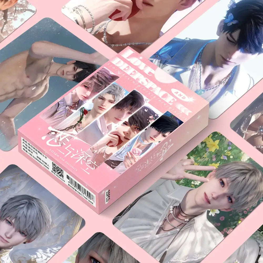 Pink rectangular box featuring illustrated anime-style male characters for love and deepspace cute cartoon bag charm