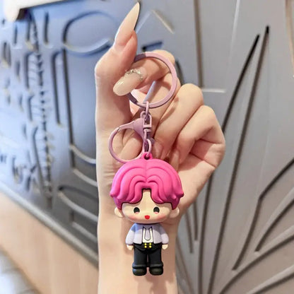 Love and deepspace keychain featuring a pink-haired cute cartoon character with light purple metal ring bag charm