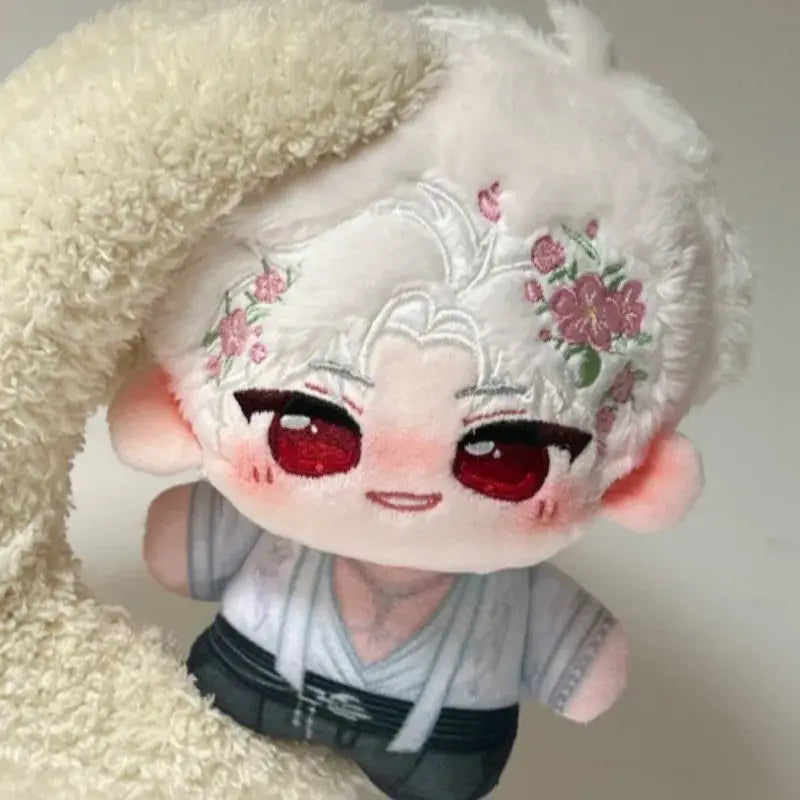Love and deepspace keychain cute cartoon bag charm with plush doll featuring white fluffy hair and pink floral embroidery